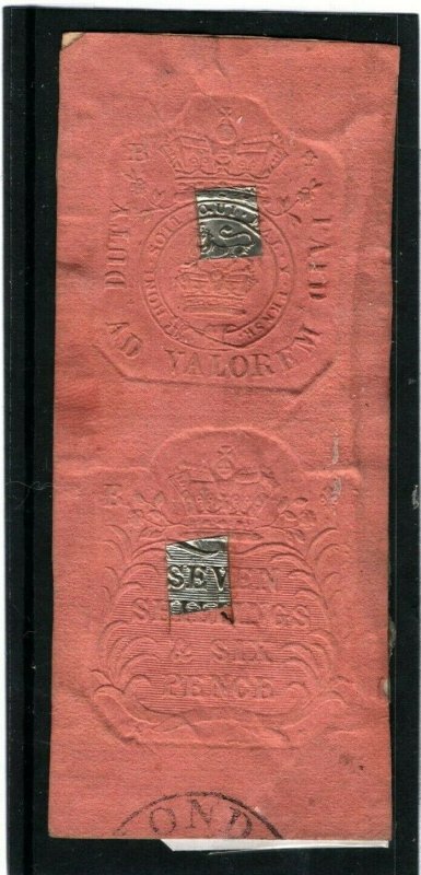 GB QV Cypher Label *RED PAPER* REVENUE Embossed 7/6d Duty Paid PAIR c1840  1349b