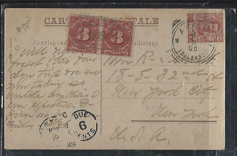 UNITED STATES  COVER (P0512B) 1906 INCOMING PPC FROM ITALY POSTAGE DUE 3CX2