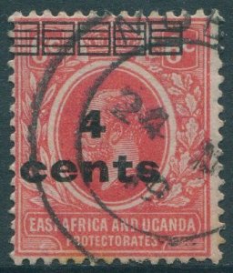 Kenya Uganda and Tanganyika 1919 SG64 4c on 6c scarlet with bars KGV #1 FU (amd)