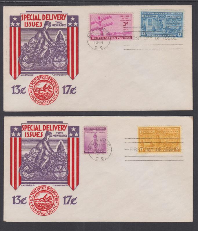 US Sc E17-E18 FDCs. 1944 13c & 17c Special Delivery, match L.W. Staehle cachets