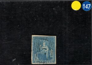 BARBADOS QV Stamp SG.3 (1d) Blue BRITANNIA Used *5* Numeral Cat £190- YBLUE147