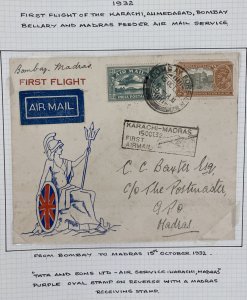 1932 Bombay India First Flight Feeder Airmail Cover FFC to Madras