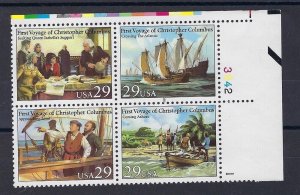 1992 US # 2620-3 29c First Voyage Christopher Columbus plate block