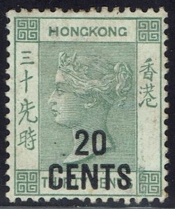 HONG KONG 1891 QV 20 CENTS ON 30C NO CHINESE CHARACTERS 