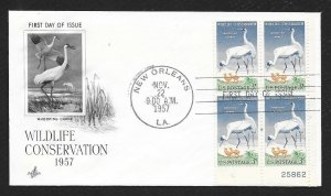 UNITED STATES FDC 3¢ Wildlife Conservation 1957 PLATE BLOCK ArtCraft