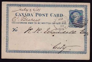 Canada-cover  #11837 - 1c QV postal stationery - Wentworth County - Hamilton, On