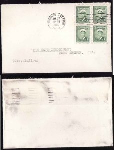 Canada-cover #9655 -1c(block of 4) KGVI war-York County-Toronto,Ont-Jan 27 1950