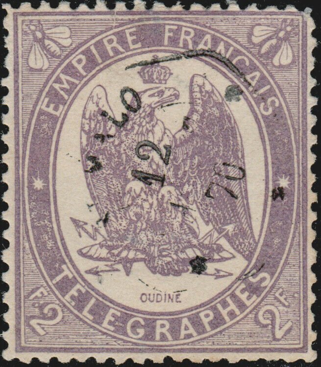 FRANCE - 1868 - Télégraphes Yv.8 2fr violet dentelé - obl.  ST MALO  