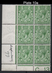 GB 1912 ½d green C13(P) plate 10a corner block of 6, stamps unmounted mint,