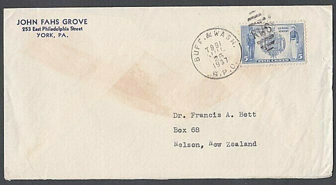 USA 1937 cover to New Zealand ; BUFF & WASH / RPO railway cancel............J869