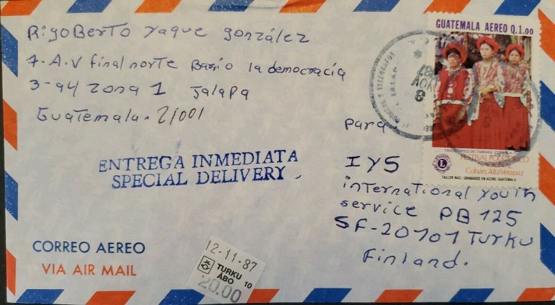 A) 1987, GUATEMALA, FROM JALAPA TO FINLAND, AIRMAIL, SPECIAL DELIVERY, FESTIVAL 