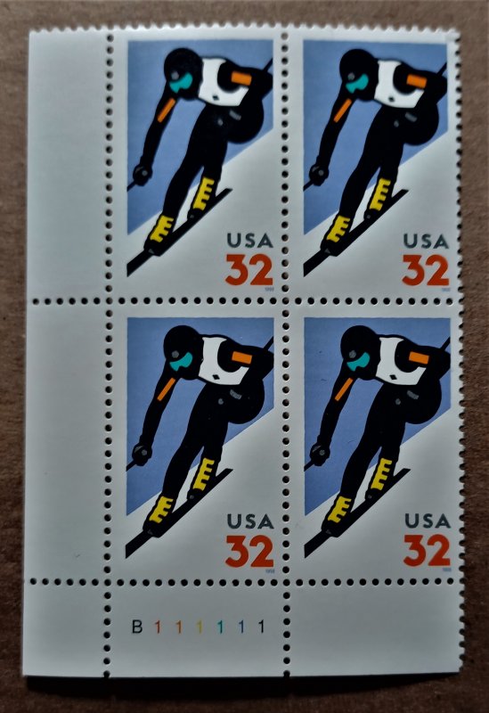 United States #3180 32c Alpine Skiing MNH block of 4 plate #B111111 (1998)