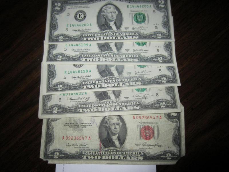 5 two dollar bills (one 1953