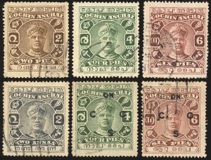 Cochin Indian State Scott 23-25,31,O10-11 USED - 1918 Sri Rama Varma II - Sound