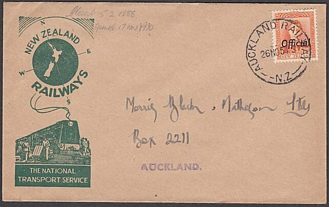 NEW ZEALAND 1954 GVI 2d Official on Railway cover AUCKLAND RAILWAY cds......B424