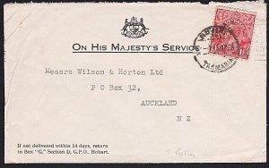 AUSTRALIA TASMANIA 1928 OHMS cover to New Zealand - GV 1½d with T perfin...A8339