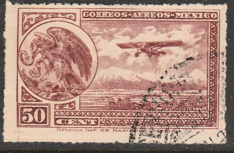 MEXICO C25, 50¢ Early Air Mail Plane and coat of arms. USED. F-VF. (871)