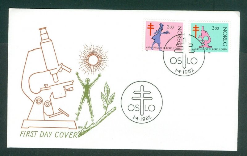 Norway. 1982 FDC. Cachet, Microscope. Fight Against Tuberculosis Sc. #. 802-803.