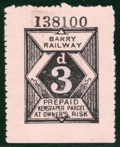 GB Wales BARRY RAILWAY Newspaper Parcel Stamp 3d Mint MNG PIW81