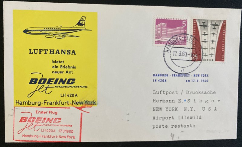 1960 Hamburg Germany First Flight Airmail  Cover FFC To New York Usa Lufthansa