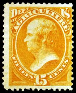 #O7 15c Yellow Agriculture Dept 1873 Official Unused Fresh Bright Color