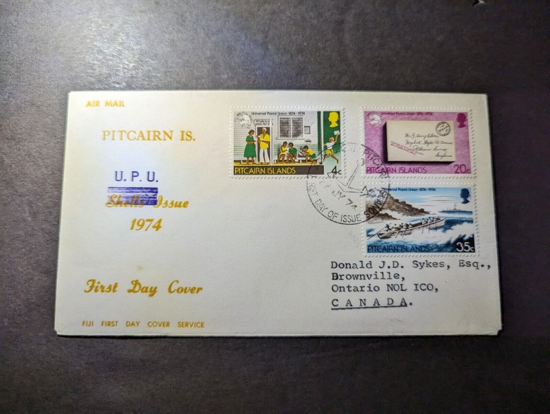 1974 Pitcairn Islands Airmail Souvenir First Day Cover FDC UPU Issue to Canada