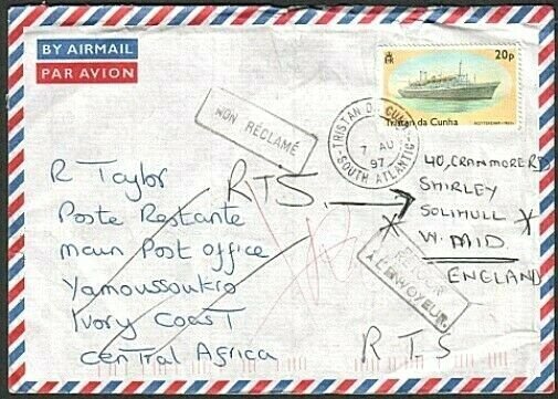 TRISTAN DA CUNHA 1997 Returned postage due cover to IVORY COAST............77412