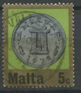 Malta Sc#444 Used, 5c apl grn & multi, Decimal Currency: Coins (1972)