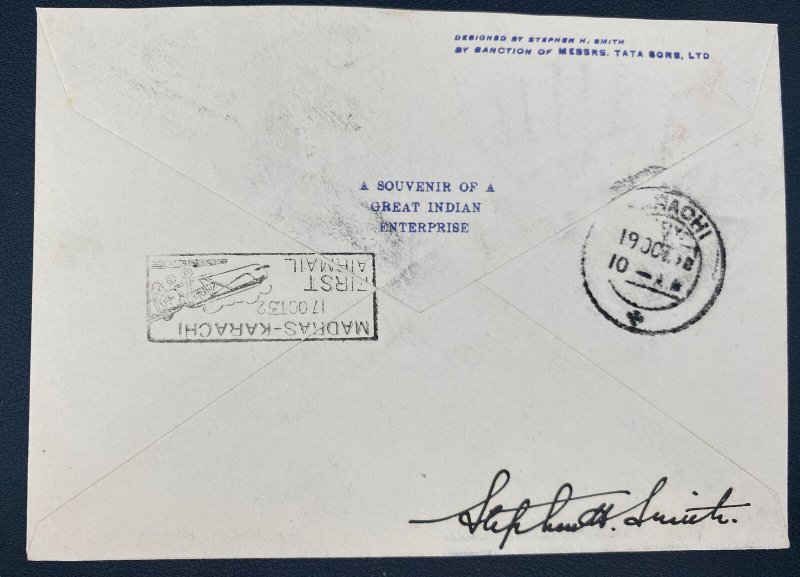 1932 Madras India First Flight Airmail Cover to Karach TATA Sons Smith Signed