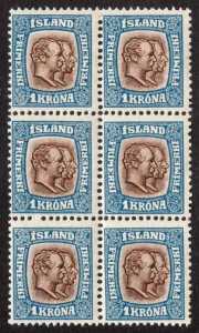 ICELAND 1907-08, SC-83, MNH** 1kr Block of 6, P-13, scv $420.00+ *Bay Stamps*