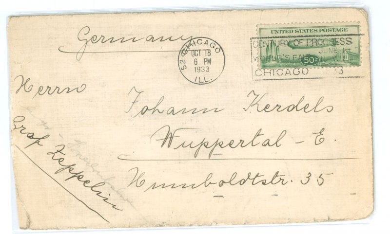 US C18 1933 Graf Zeppelin flight cover franked with a 50c Baby Zepp stamp dispatched from the Century of Progress expo with ca