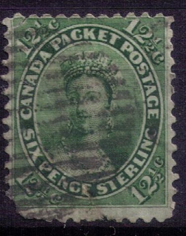 Canada Sc #18 Used 12-1/2c Yellow Green Perf Fault Lower L F-VF