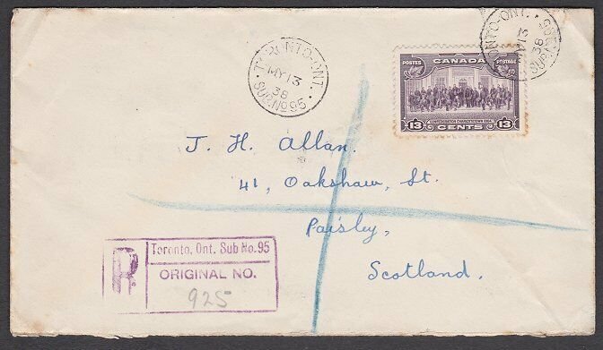 CANADA 1938 13c single franking Registered cover Toronto to Scotland........U335