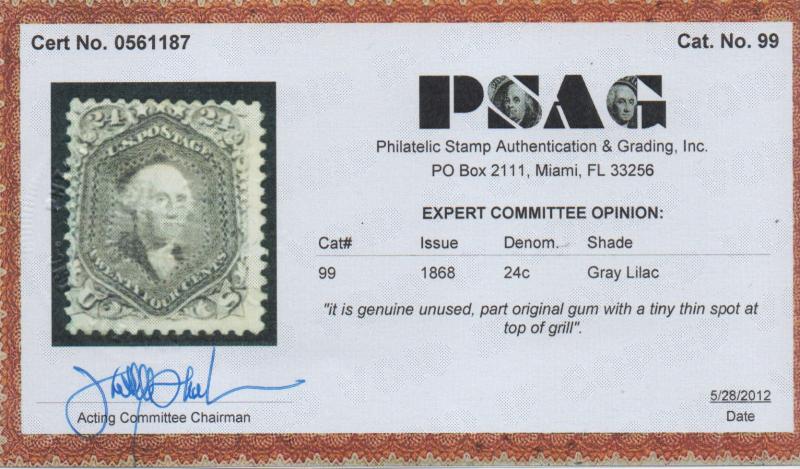 **US, SC# 99, MH, FVF, Part Original Gum, RARE Stamp ( See PSAG Cert)