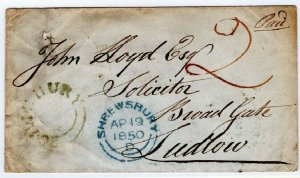 GB Salop Cover*CHIRBURY*UDC Shrewsbury Manuscript *2* Paid CDS Ludlow 1850 MZ303