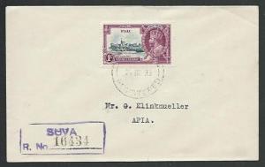 FIJI 1935 1/- Jubilee on registered cover Suva to Samoa....................61757