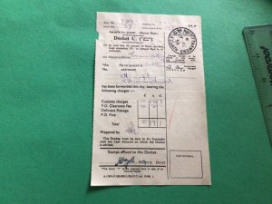 Rare Ireland Parcel post 1959 Docket C customs dues Docket with Stamps A15391