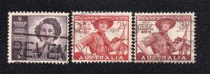 Australia 1948-52 1p Elizabeth II, 2 1/2p & 3 1/2p Scout Scott 215-216, 249 used