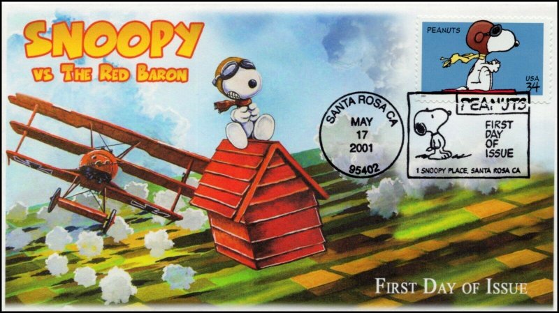 AO-3507, 2001, Peanuts, Snoopy vs Red Baron, Add-on Cachet, FDC, Pictorial Cance 