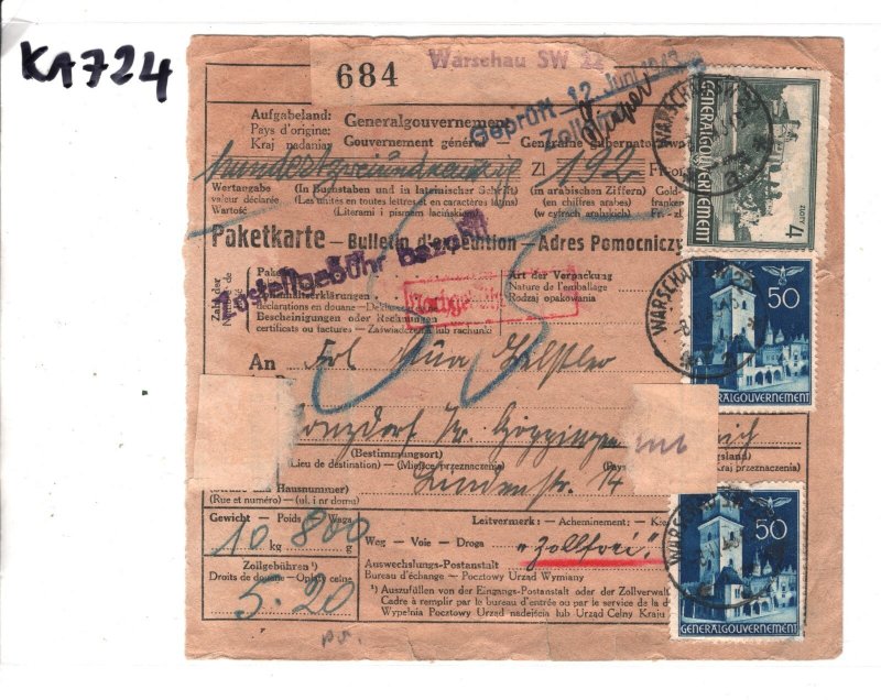 POLAND WW2 GERMANY OCCUPATION GG Parcel Post Label Warsaw 1943 KA724