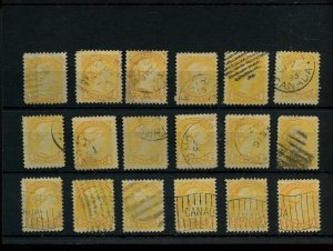 ?Various cancels on 18 x 3 cent SMALL QUEENS used Canada