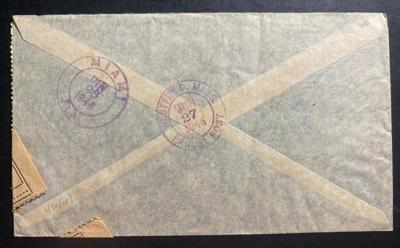1946 Paraguay Asuncion Commercial Airmail Cover To Westfield MA USA