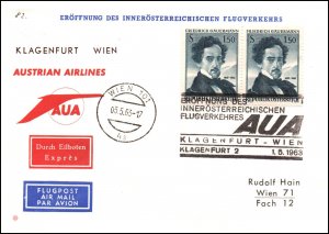 Austria Austrian Airlines Graz to Vienna 1963 1st Flight Cover