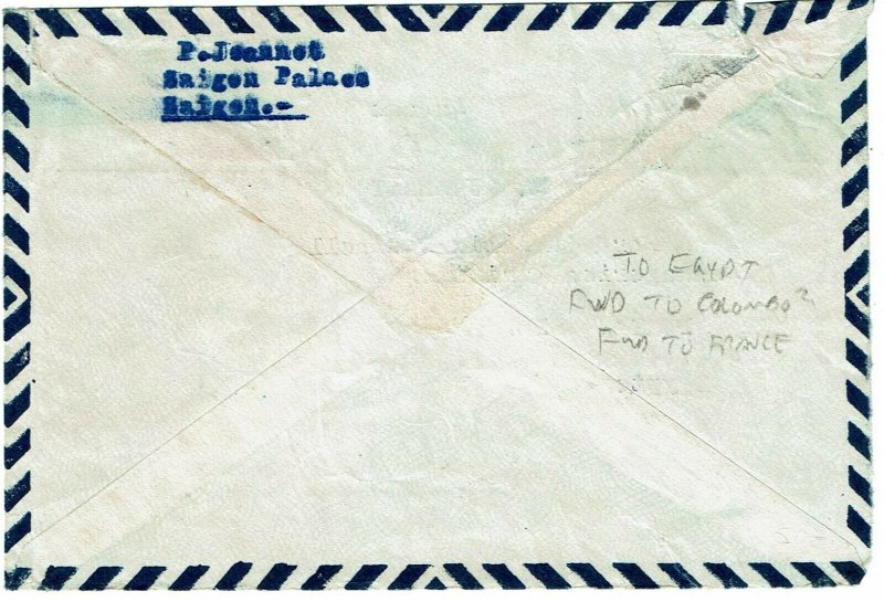 Indochina 1947 Saigon cancel on airmail cover to EGYPT, re-directed to France