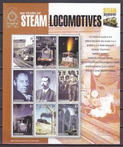 Grenada, Scott cat. 3457 a-i. Locomotives and famous Men sheet of 9.