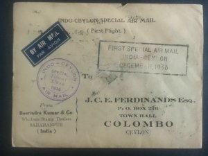 1936 Saharanpur India to Colombo Ceylon First Flight Cover FFC Christmas Cancel