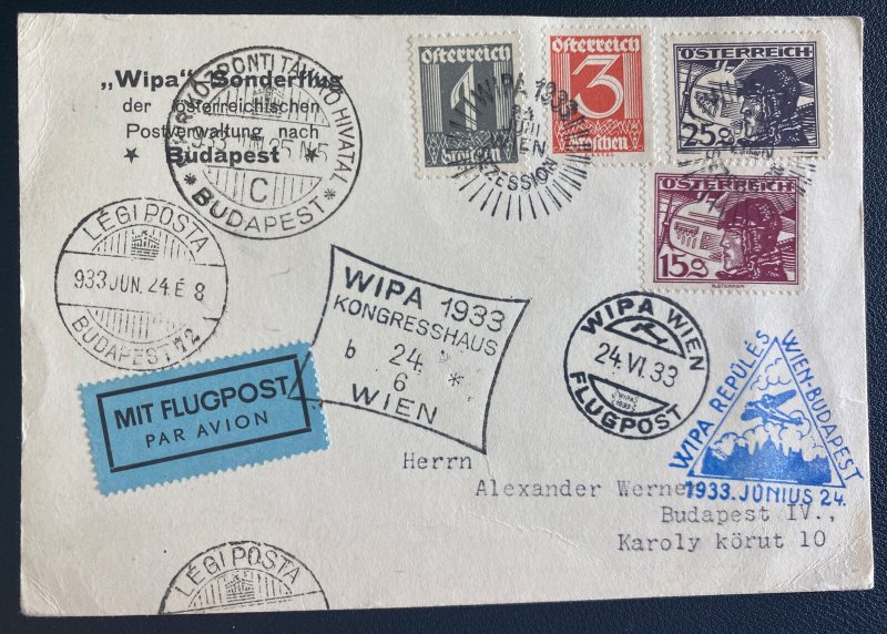 1933 Vienna Austria Postcard Cover To Budapest Hungary Wipa Special Flight