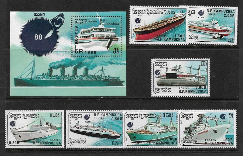 CAMBODIA  860-867  PASSENGER SHIPS,WITH SOUVENIR SHEET 1988