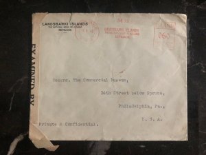 1943 Reykjavik Iceland National Bank Censored Cover To Philadelphia USA