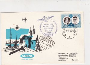 Belgium !962  Plane Brussel Sabena Malaga Cancel Town Pic Stamp Cover  ref 22750